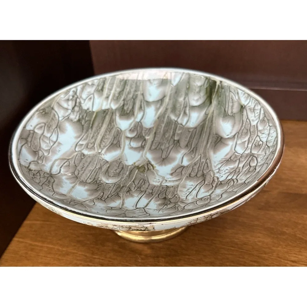 Delft Holland Pedestal Bowl Gold Trim Sea Green Hand Painted Dish MCM Vintage